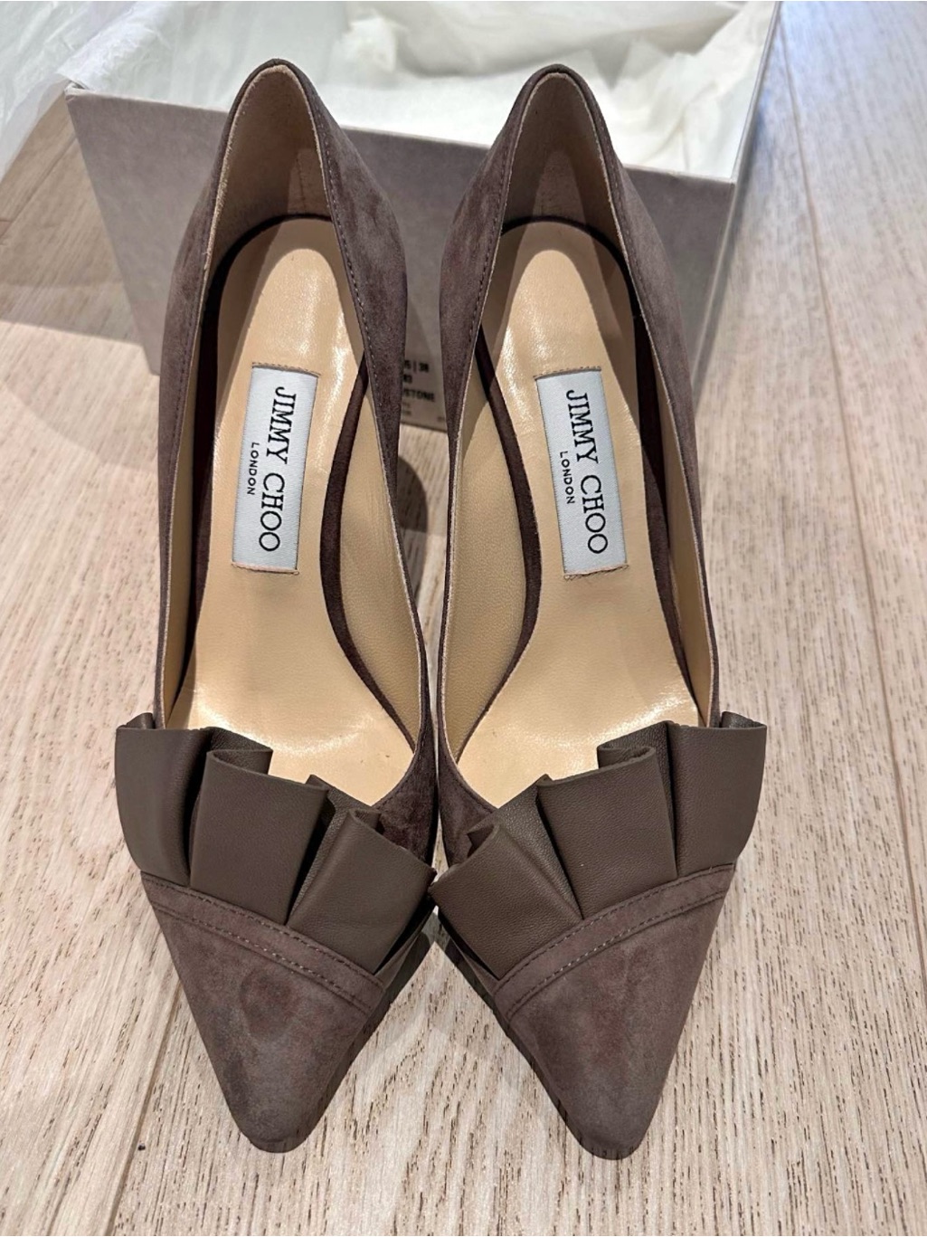 Jimmy Choo Taupe Suede Pointed-Toe Pumps With Pleated Vamp